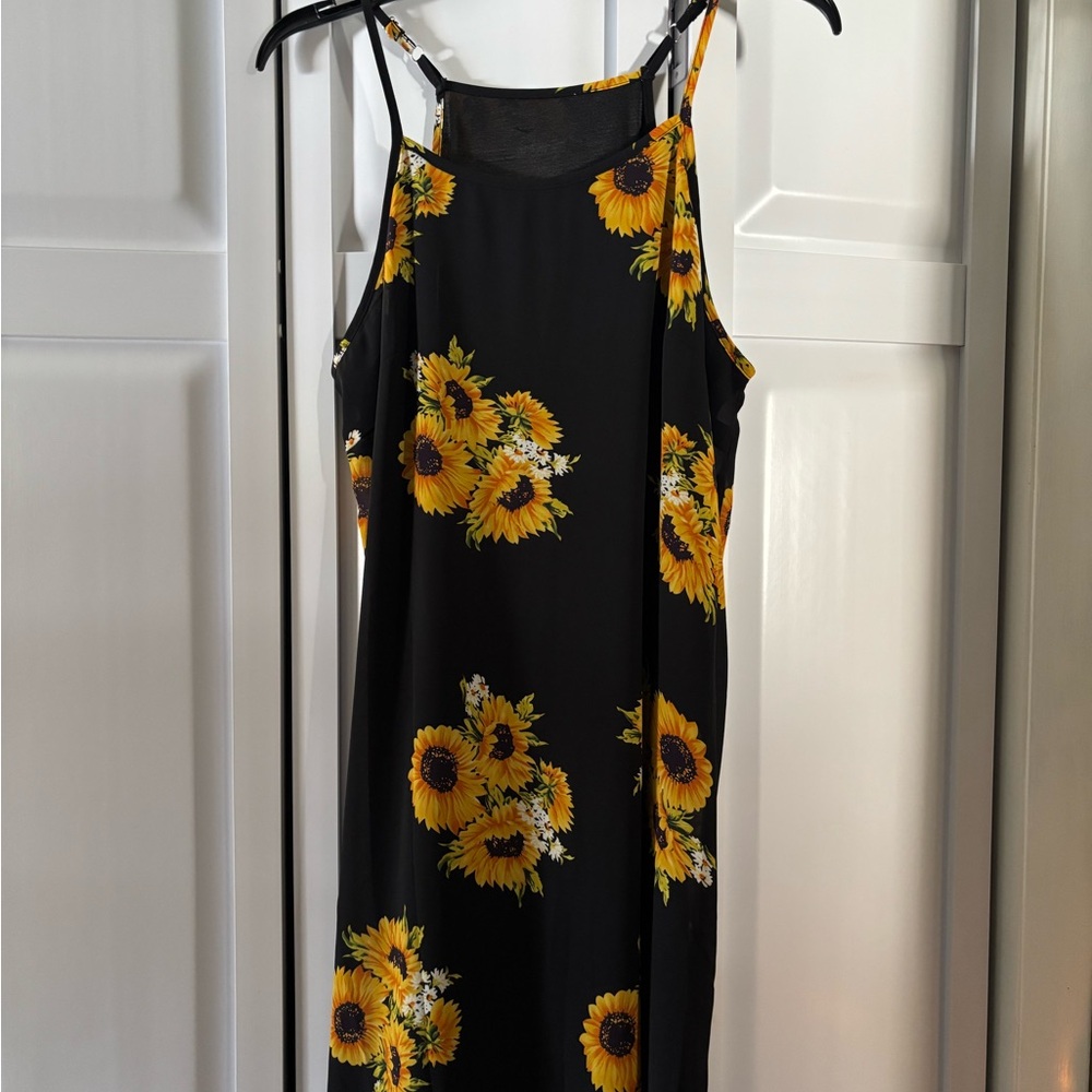 Sunflower Print Black Dress